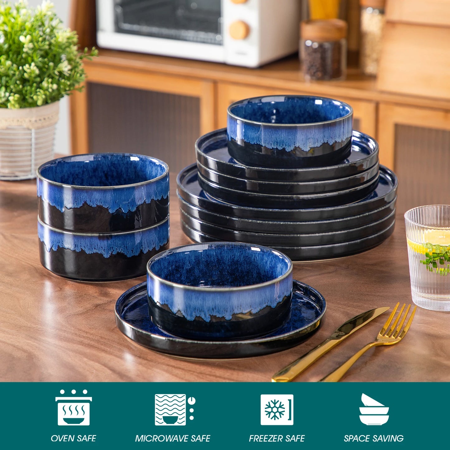 12-delig Serviesset Keramiek Zwart & Blauw | Reactive Glaze Dinerborden Set voor 4 Personen