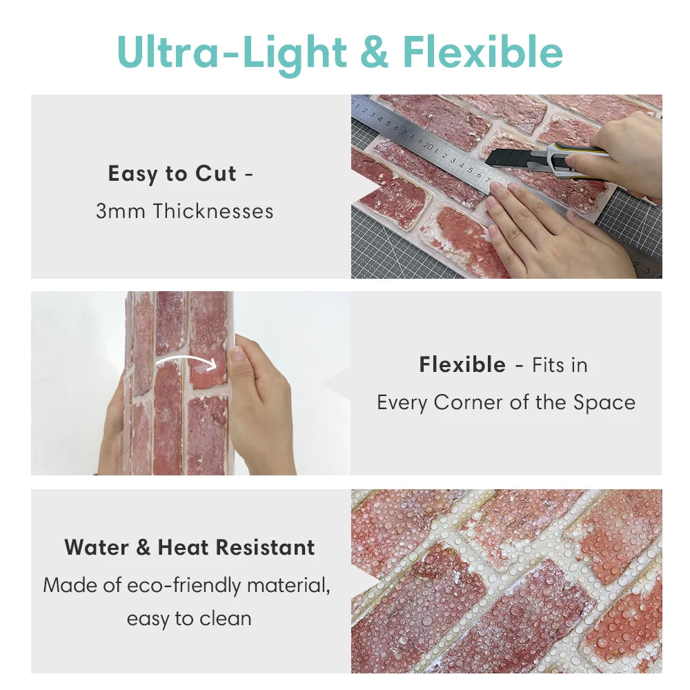 3D Baksteenlook Wandpanelen (Set van 10) | Zelfklevend Peel & Stick | Waterdicht & Warmtebestendig Muurdecor