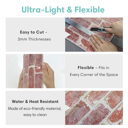 3D Baksteenlook Wandpanelen (Set van 10) | Zelfklevend Peel & Stick | Waterdicht & Warmtebestendig Muurdecor