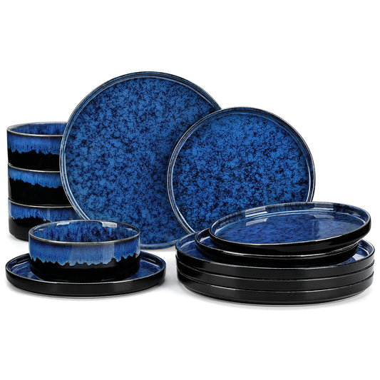 12-delig Serviesset Keramiek Zwart & Blauw | Reactive Glaze Dinerborden Set voor 4 Personen