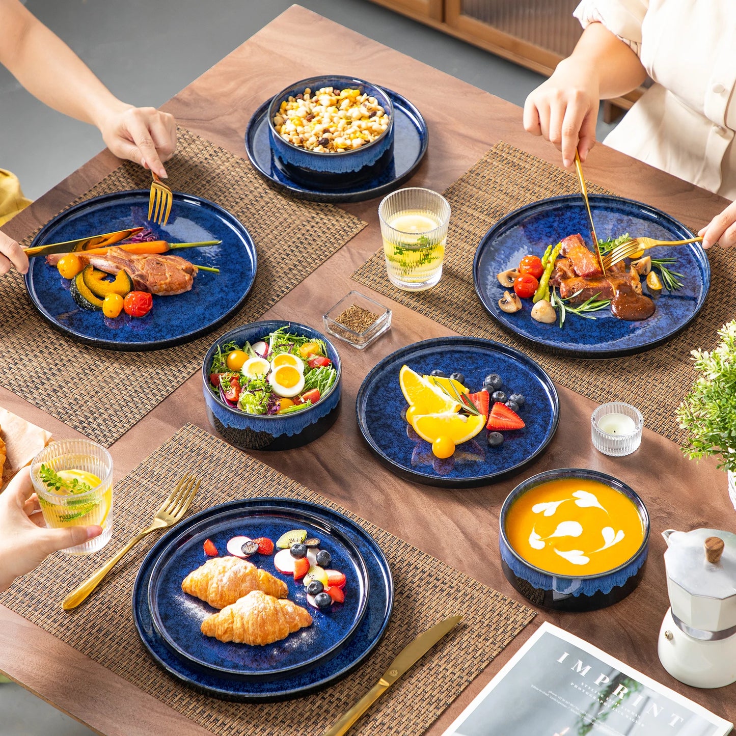 12-delig Serviesset Keramiek Zwart & Blauw | Reactive Glaze Dinerborden Set voor 4 Personen
