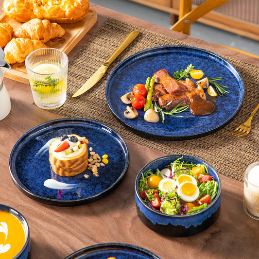 12-delig Serviesset Keramiek Zwart & Blauw | Reactive Glaze Dinerborden Set voor 4 Personen